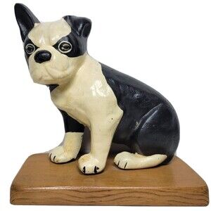 Cast Iron Boston Terrier Black White Doorstop mounted Pug Dog puppy vintage